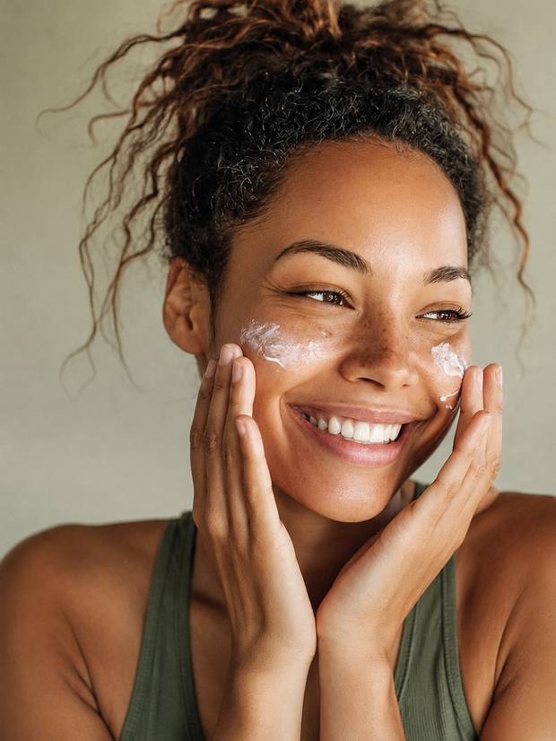 A woman smiling through her skincare routine