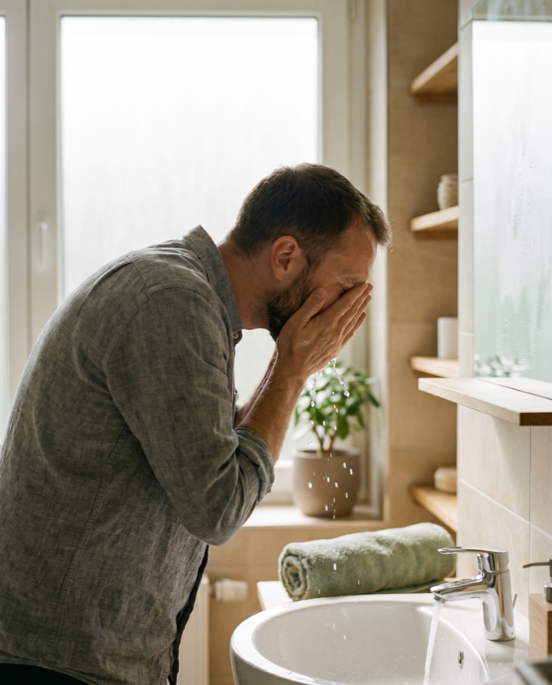 A man at a fresh morning routine